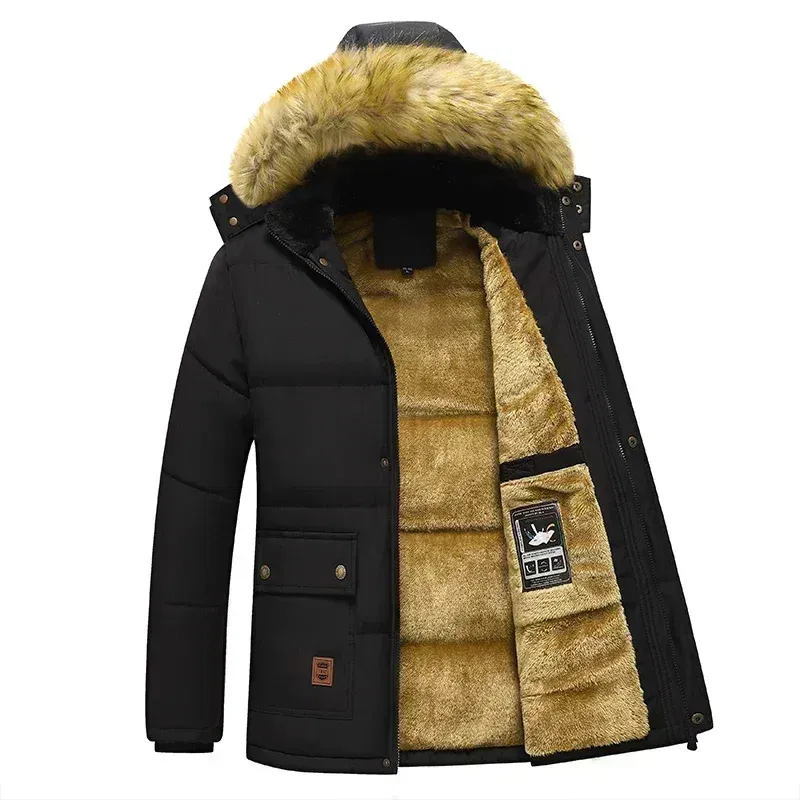 Color: black, Size: M - 2024 New Men Winter Autumn Work Outwearing Parka Black Fleece Lined Thick Warm Hooded Fur Collar Coat Male Size 5XL Plush Jacket