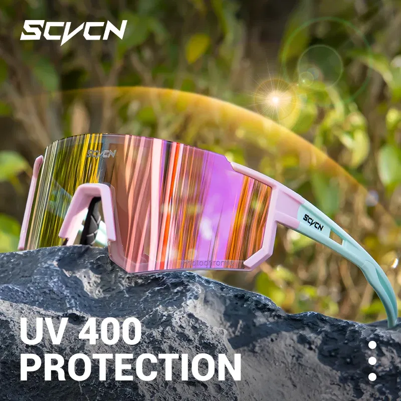 Color Name: Brown - SCVCN Color Photochromic Cycling Glasses Outdoo Fashion Sports Sunglasses Men MTB Cycling Sunglasses Women Road Bike Glasses