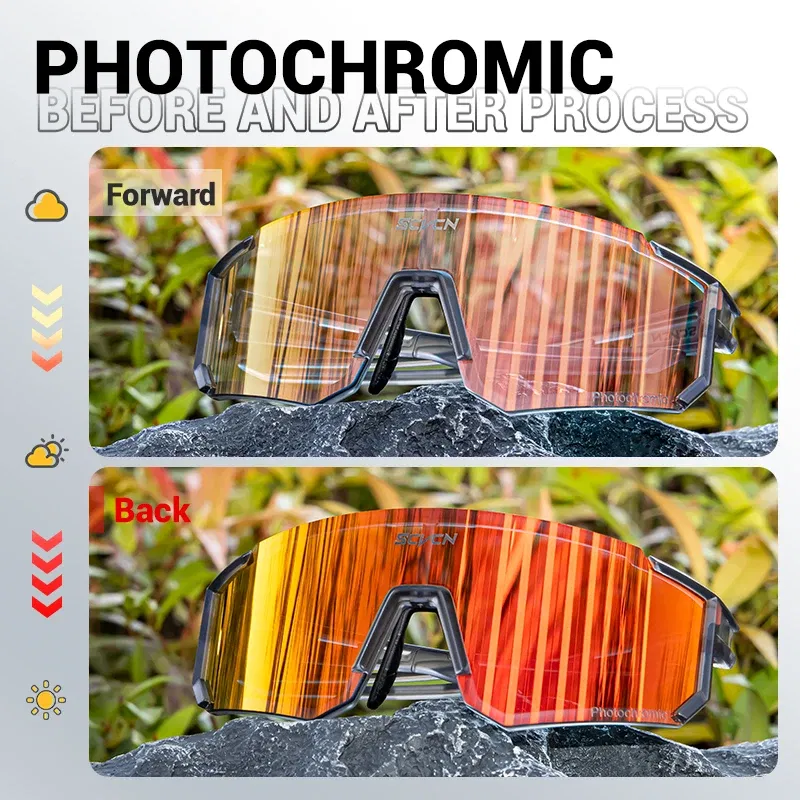 Color Name: Brown - SCVCN Color Photochromic Cycling Glasses Outdoo Fashion Sports Sunglasses Men MTB Cycling Sunglasses Women Road Bike Glasses