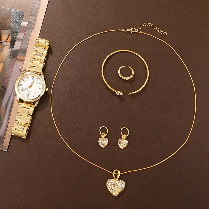 6pcs/set Golden Round Quartz Watch with Alloy Strap