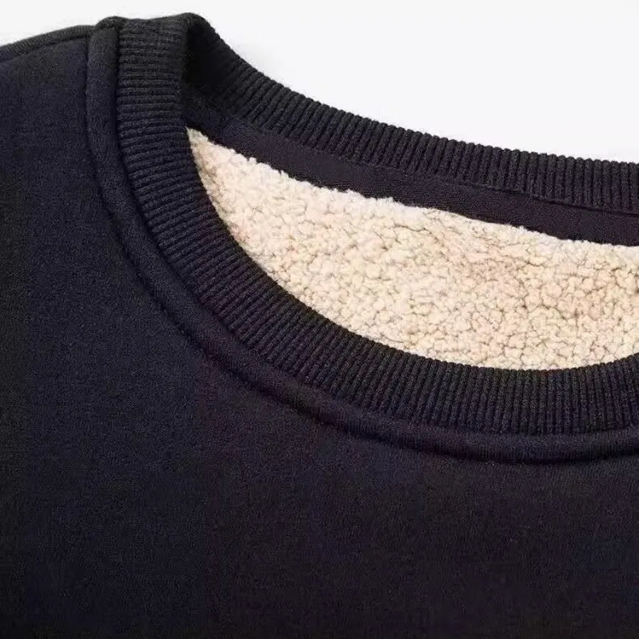 Color: black, Size: 5XL - Winter Men Fleece Sweatshirts Keep Warm Underwear Casual Solid Color Pullover Lambswool O-neck Thickened Thermal Underwear Tops