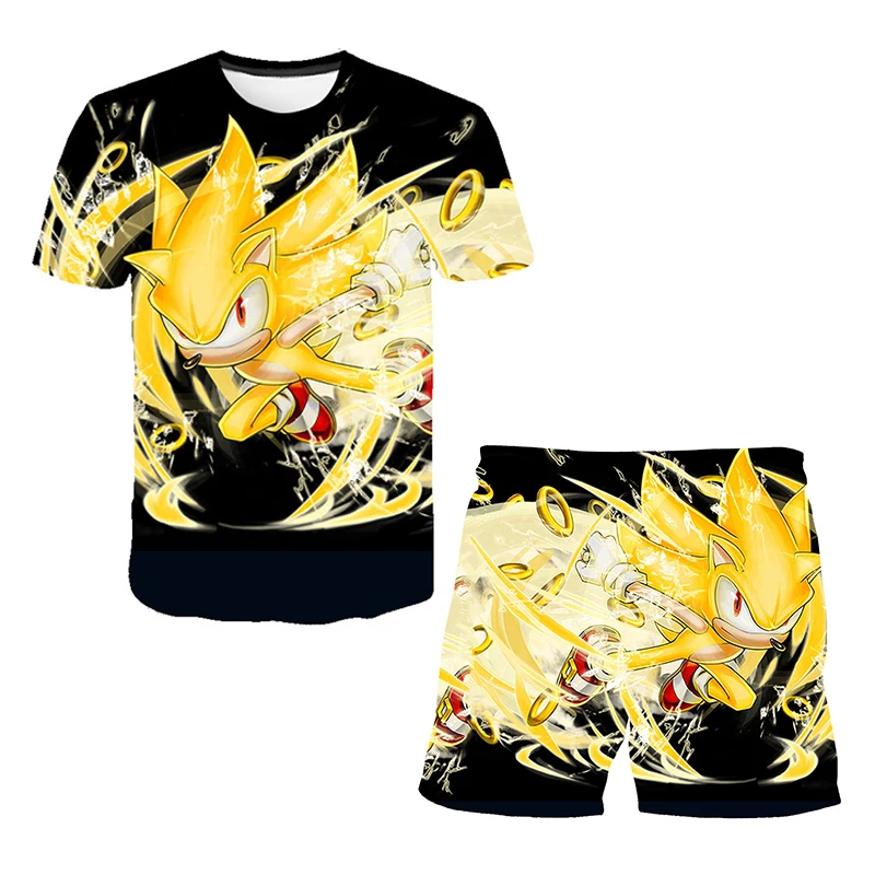 Color: Dark Khaki, Size: M - New Japanese cartoon Sonic T-shirt children's top T-shirt shorts two-piece set summer boy cartoon cute T-shirt+beach pants