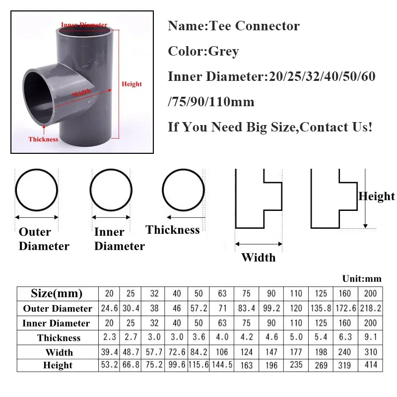 Color: grey, Diameter: 1/4'' - 2~20pcs Inner Dia 20~63mm PVC Pipe Tee Connector Home Garden Irrigation Aquarium Fish Tank Tube Watering Adapter Fittings Joint