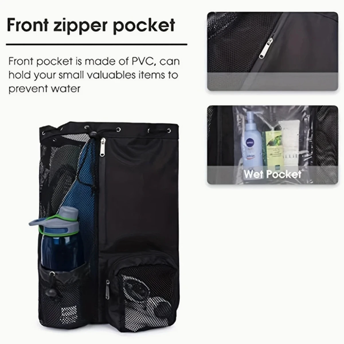 Color: SKY BLUE - Outdoor beach backpack, swimming bag, mesh perforated drawstring backpack with wet bag, gym yoga exercise storage bag, 1 set