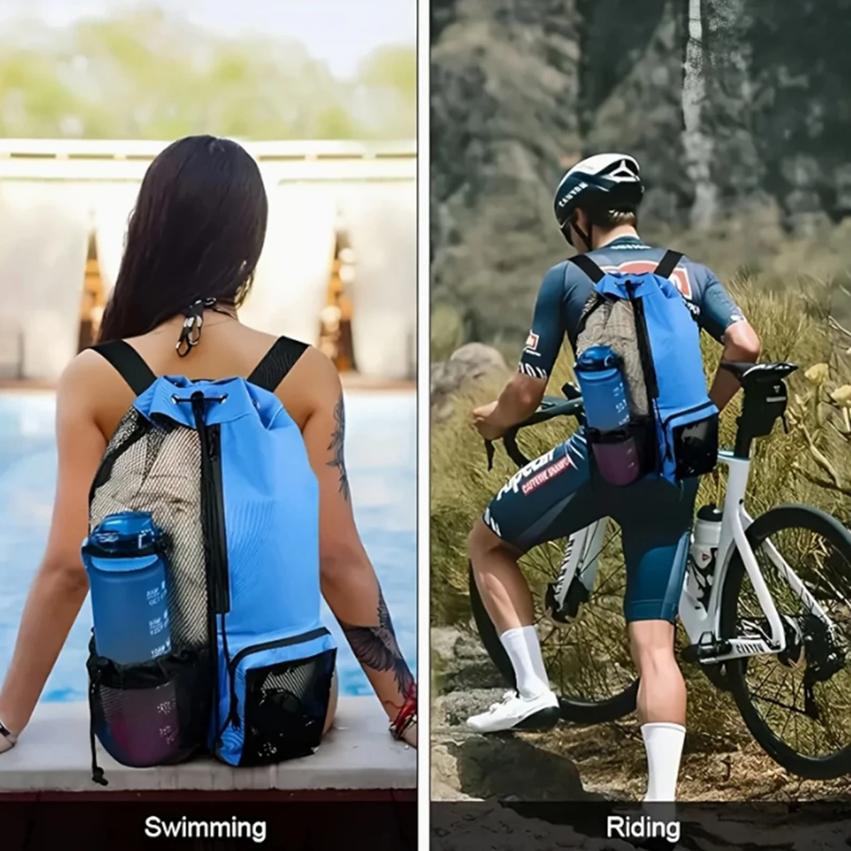 Color: SKY BLUE - Outdoor beach backpack, swimming bag, mesh perforated drawstring backpack with wet bag, gym yoga exercise storage bag, 1 set