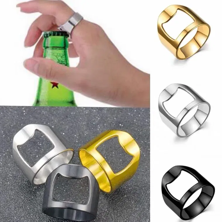 Main Stone Color: WHITE, Ring Size: 8 - VIVILADY Titanium Stainless Steel Creative Bottle Opener Ring Jewelry For Unisex Punk Simple Fashion Party Bar Gift Wholesale