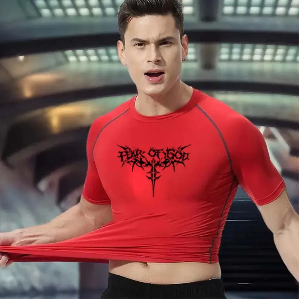 Color: Silver, Size: S - Men's Compression Shirt Anime Print Gym Sport Quick Dry Gym TShirts Fitness Athletic Undershirts Elasticity Tops Tee Summer Male
