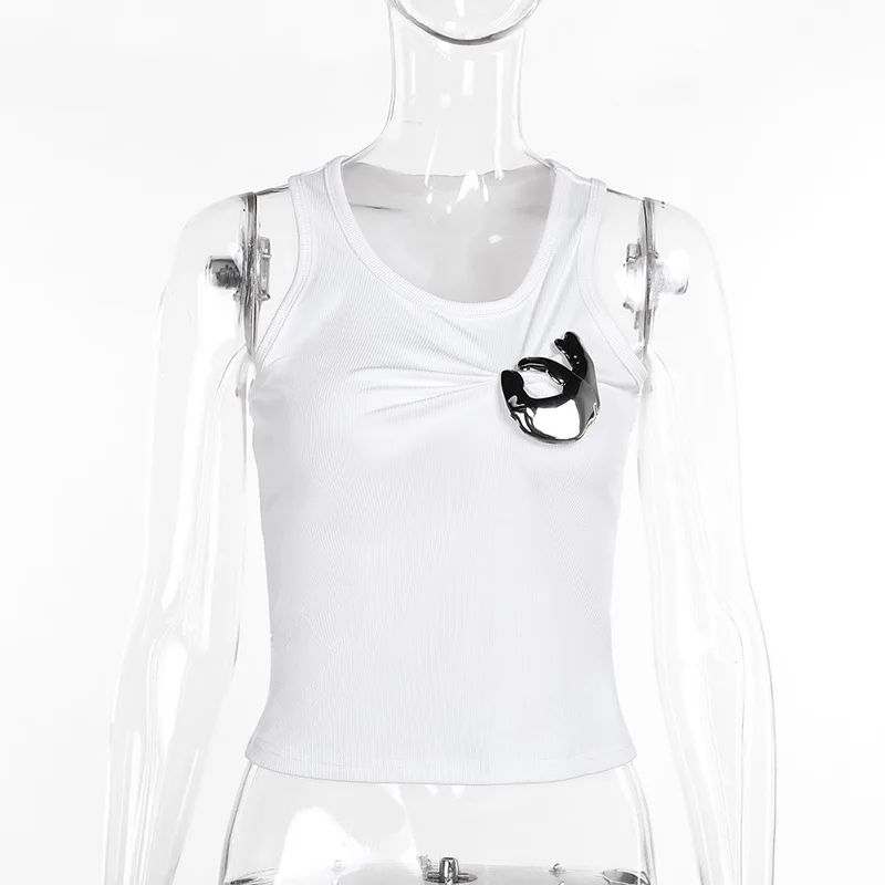 Color: black, Size: L - Women's Personalized Fashion Personalized Shrink Tank Top Sexy Solid Color OK Pattern Tank Top