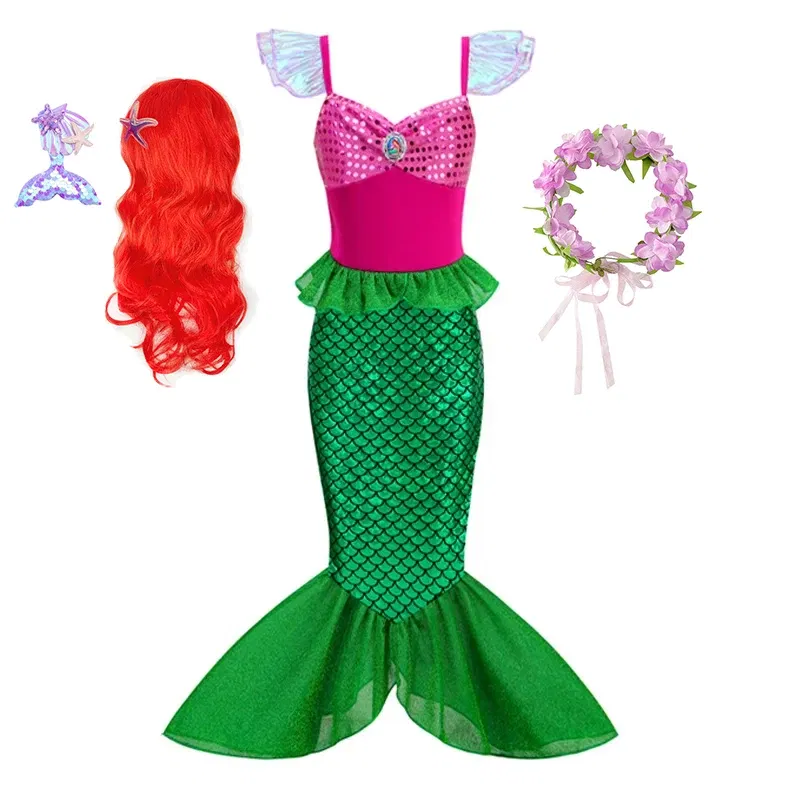 Color: Khaki, Kid Size: 5 - Disney Little Mermaid Ariel Costumes for Girls Princess Dress Cosplay Halloween Carnival Kids Birthday Party Dress Up Clothing