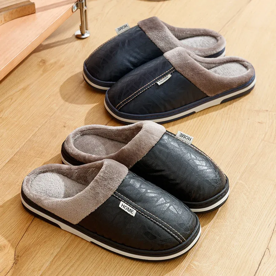 Color: Blue, Shoe Size: 5 - Big Size Winter Casual Men's Slippers Indoor Waterproof PU Leather Home Shoes Fur Flat Warm Fashion Bedroom Houseshoes