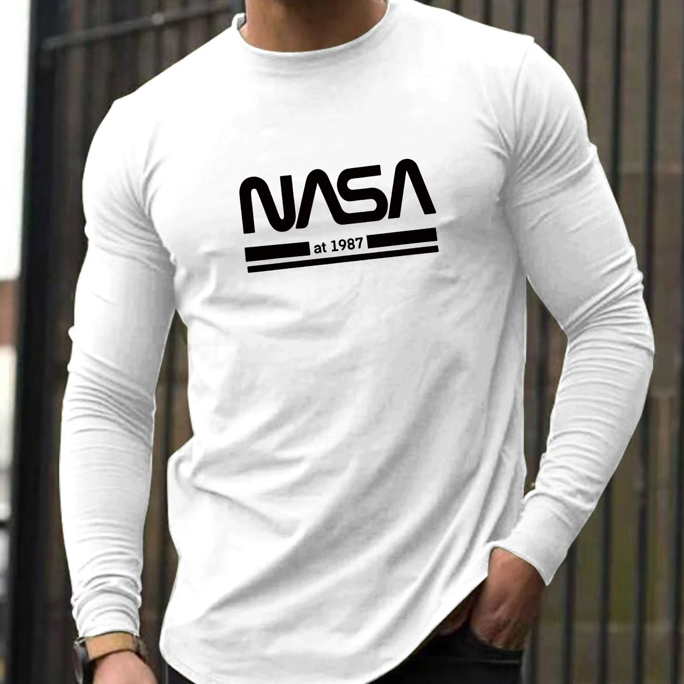 Color: black, Size: M - Men's Spring and Autumn 100% Cotton Loose Comfortable Casual NASA Letter Printed Round Neck Long Sleeve T-shirt