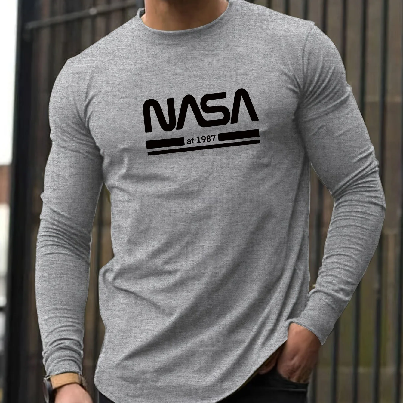 Color: black, Size: M - Men's Spring and Autumn 100% Cotton Loose Comfortable Casual NASA Letter Printed Round Neck Long Sleeve T-shirt