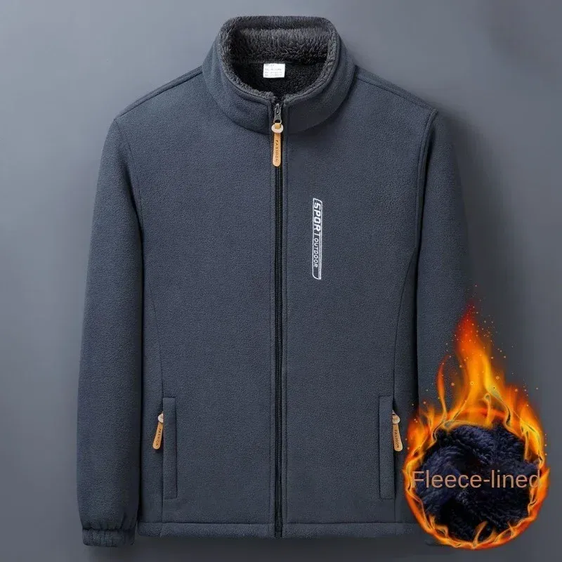 Color: Beige, Size: 4XL - Winter Men Outdoor Fleece Jacket Casual Polar Fleece Cold-Proof Thickened Coat Lightweight Windproof Zipper Cardigan Warm Jacket