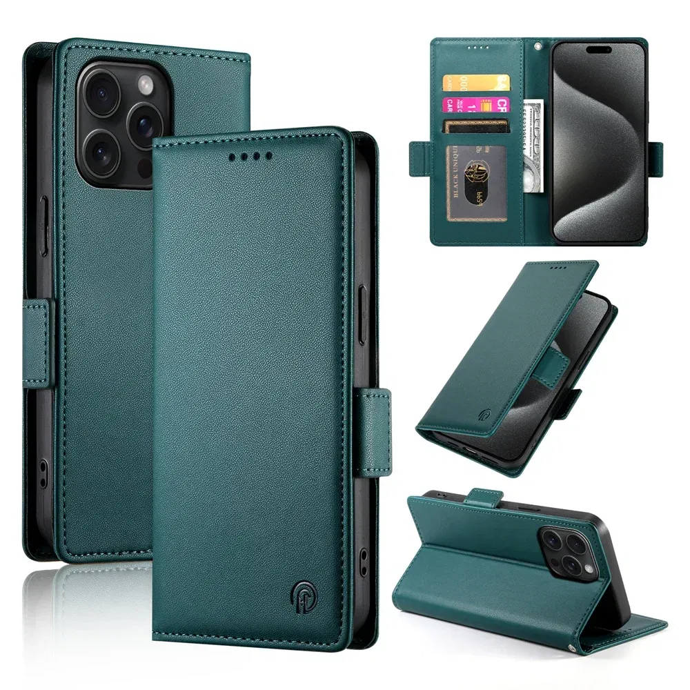 Color: Beige, Material: Plastic - PU Leather Flip Phone Case For iPhone 16 15 Pro Max 16E 14 13 1211 XS Max XR X 8 7 Plus SE KickStand Cards Solt Wallet Cover