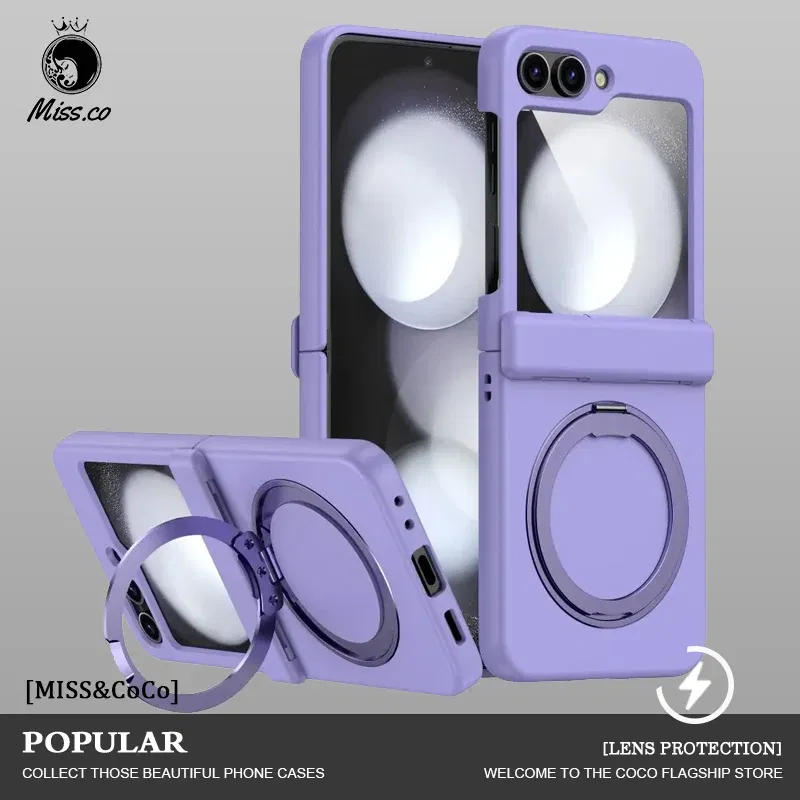 Color: PURPLE, Material: ABS - For Samsung Galaxy Z Flip 3 5 4 6 Magsafe Case Wireless Charging Hinge All-inclusive Flip Shockproof Hard Magnetic Holder Cover