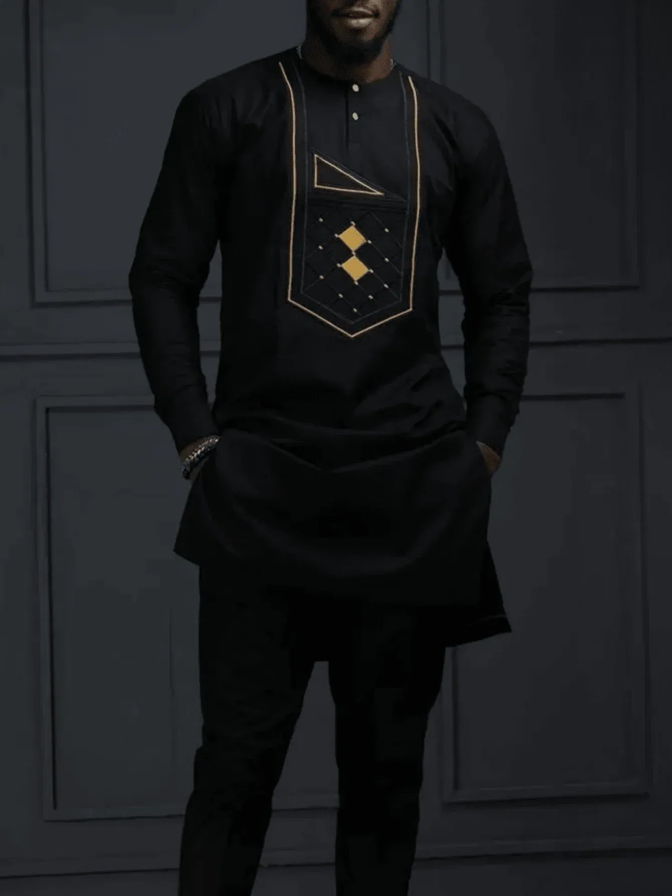 Color: Navy Blue, Size: S - 2025 New men's suit, white pocket, 2-piece set, luxury wedding casual suit, traditional African style of ethnic minorities