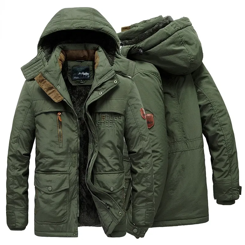 Color: army green, Size: 5XL - TELLHIGH 2024 Winter Parka Men Jacket Mens Plus Velvet Men Hooded Windbreaker Coats Men Casual Warm Jackets Coat Detachable Hat