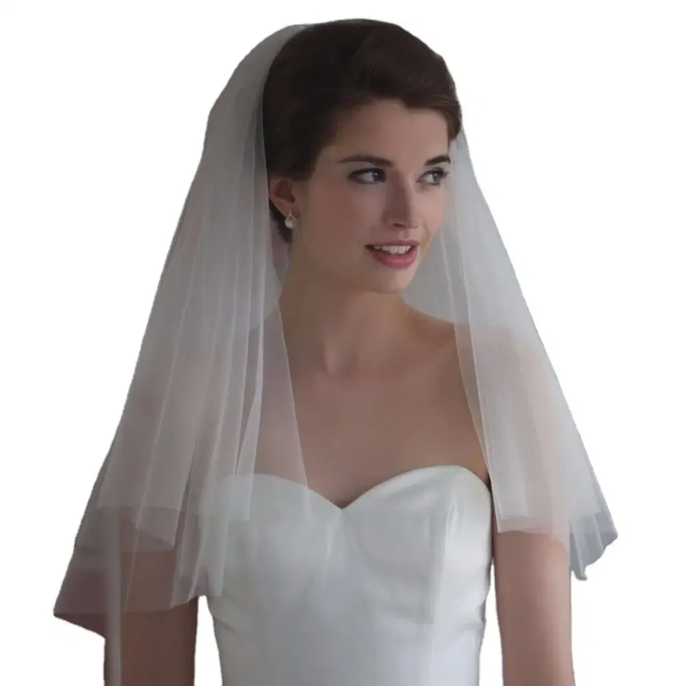 Color: WHITE - 2 Tiers Bride Wedding Veil Short Fingertip Bridal Tulle Veil with Comb and Cut Edge