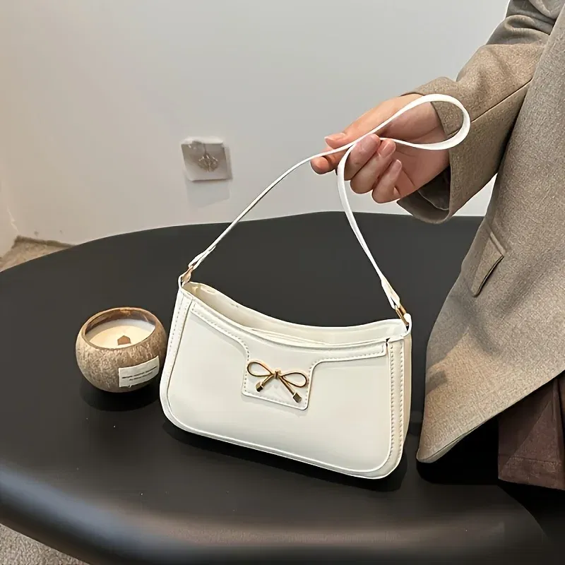 Color: black - Solid Color Bowknot Shoulder Bag, Elegant Small Square Bag, Suitable for Women Handbags, Zipper Closure,Fashion Underarm Bag,