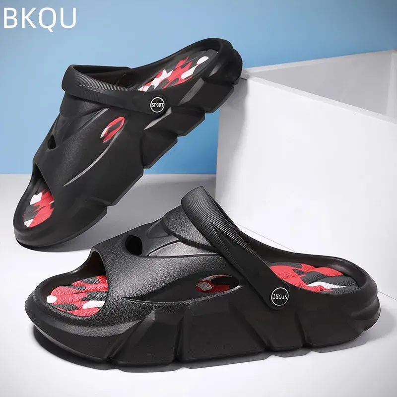 Color: Black, Shoe Size: 39 - Men's Beach Slippers Round Toe Lightweight Flat Bottom Waterproof Comfortable Trend Versatile Breathable Non-slip Large Size