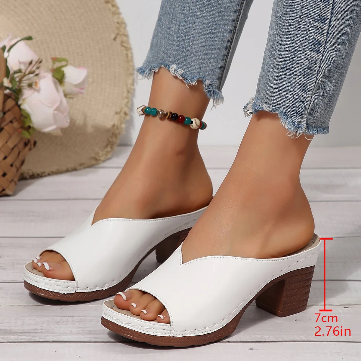 Color: Blue, Shoe Size: 37 - Women's Open-Toe High-Heel Slippers Summer New Fashion Outdoor Wear Slip-On Shoes 36-43 Sizes Polyurethane Upper Cushioning