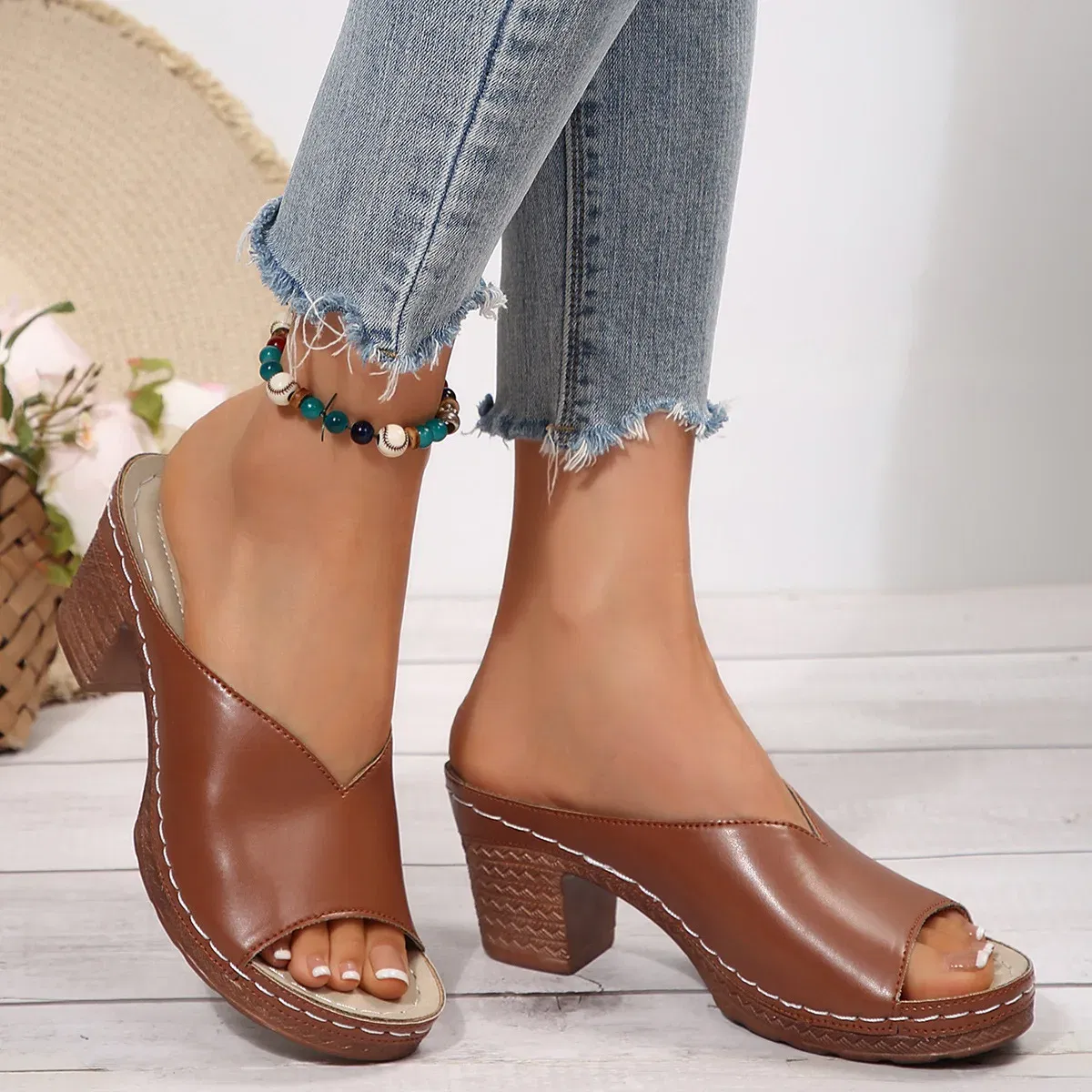Color: Blue, Shoe Size: 37 - Women's Open-Toe High-Heel Slippers Summer New Fashion Outdoor Wear Slip-On Shoes 36-43 Sizes Polyurethane Upper Cushioning