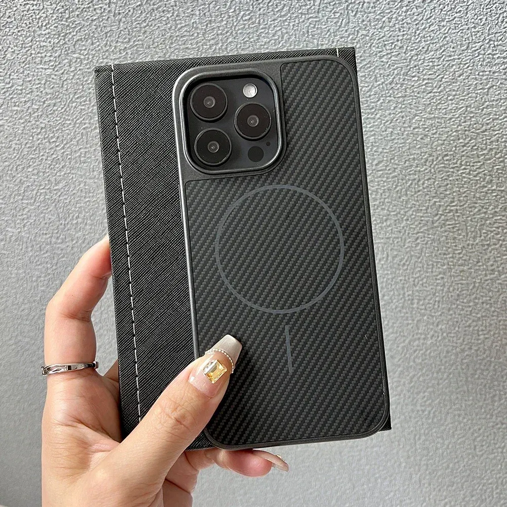 Color: Beige, Compatible-Phone Models: For iPhone 14 Pro - Carbon Fiber Textured Magnetic Phone Case For iPhone 16 Pro Max 15 14 13 12 Shockproof Soft Cover For Magsafe Wireless Charging