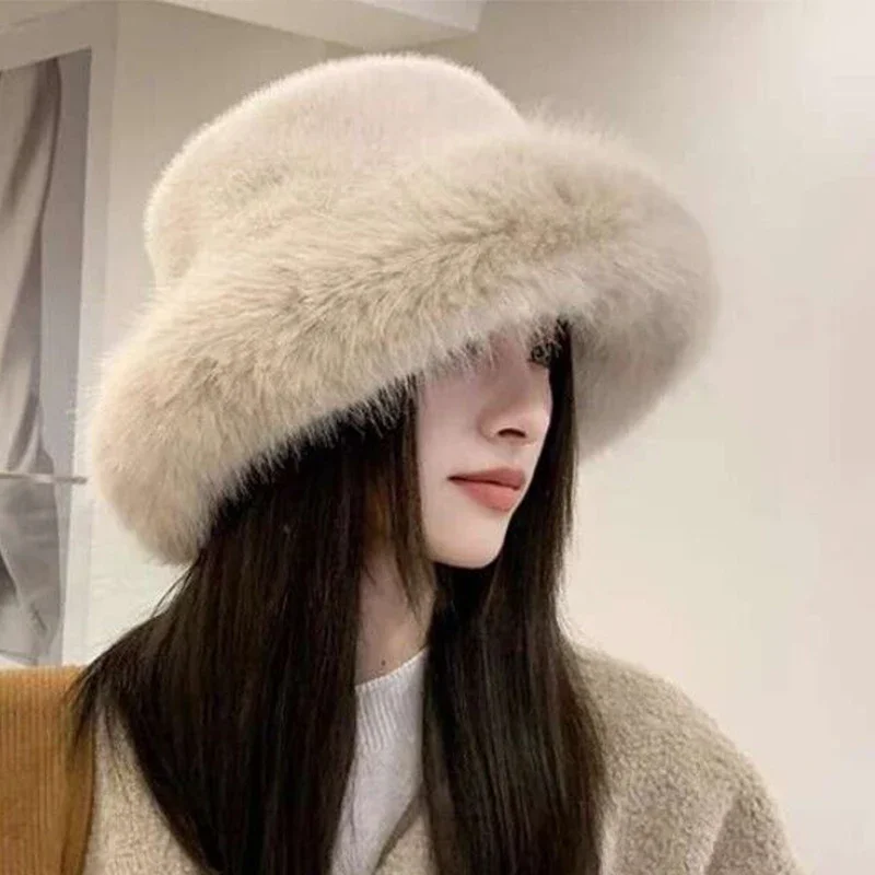 Color: Red, Hat Size: One Size - 2024 New Women's Fashion Fur Cap Fur Hat Fur Autumn Winter Hats Mongolian Hat Brimless Plush Fluffy Skiing Riding Warm Caps