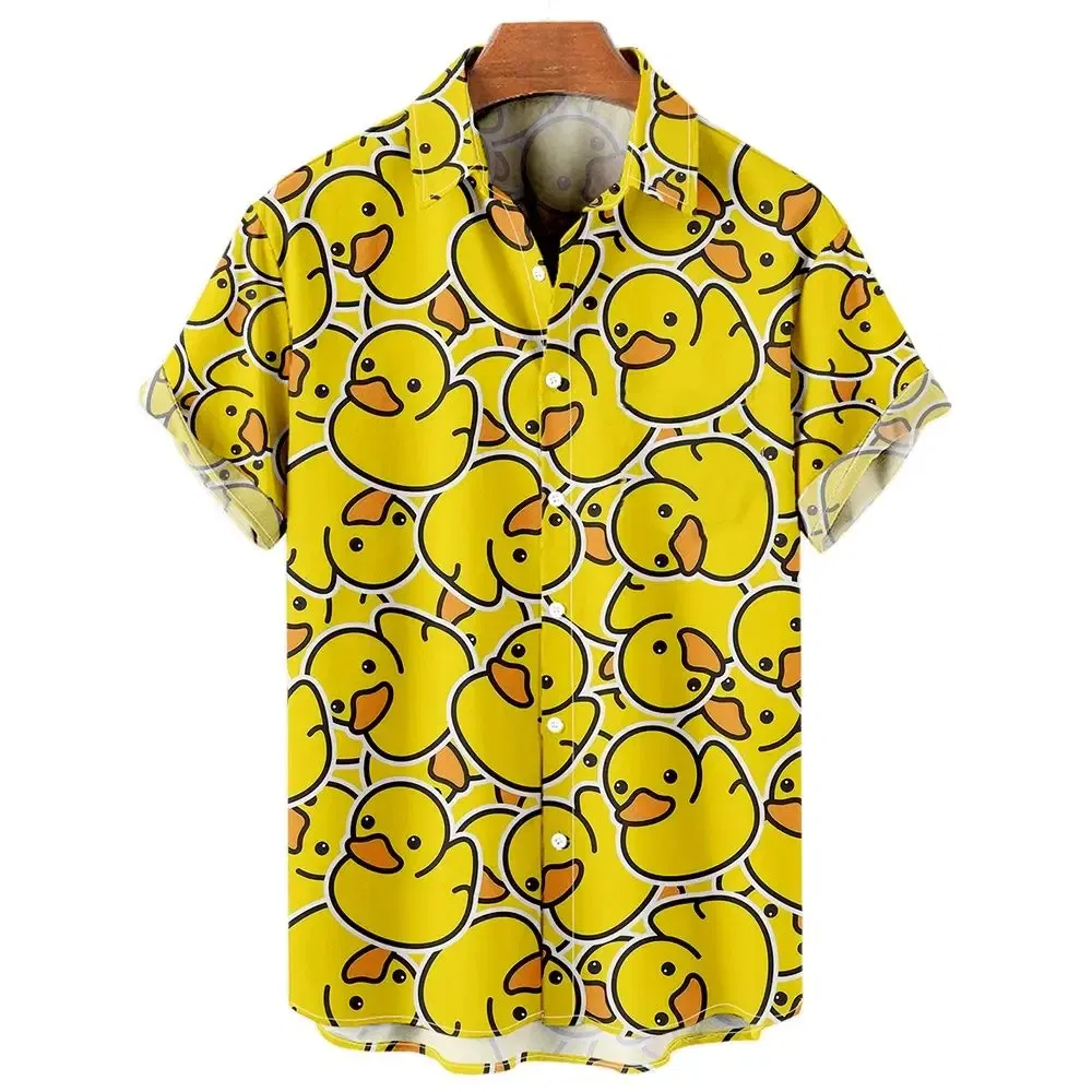 Color: Khaki, Size: L - Duck 3d Print Shirts Men Fashion Hawaiian Shirt Short Sleeve Casual Beach Shirts Boys Single-Breasted Blouse Men's Clothing