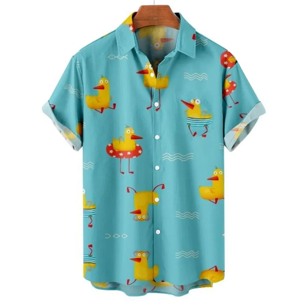 Color: Khaki, Size: L - Duck 3d Print Shirts Men Fashion Hawaiian Shirt Short Sleeve Casual Beach Shirts Boys Single-Breasted Blouse Men's Clothing