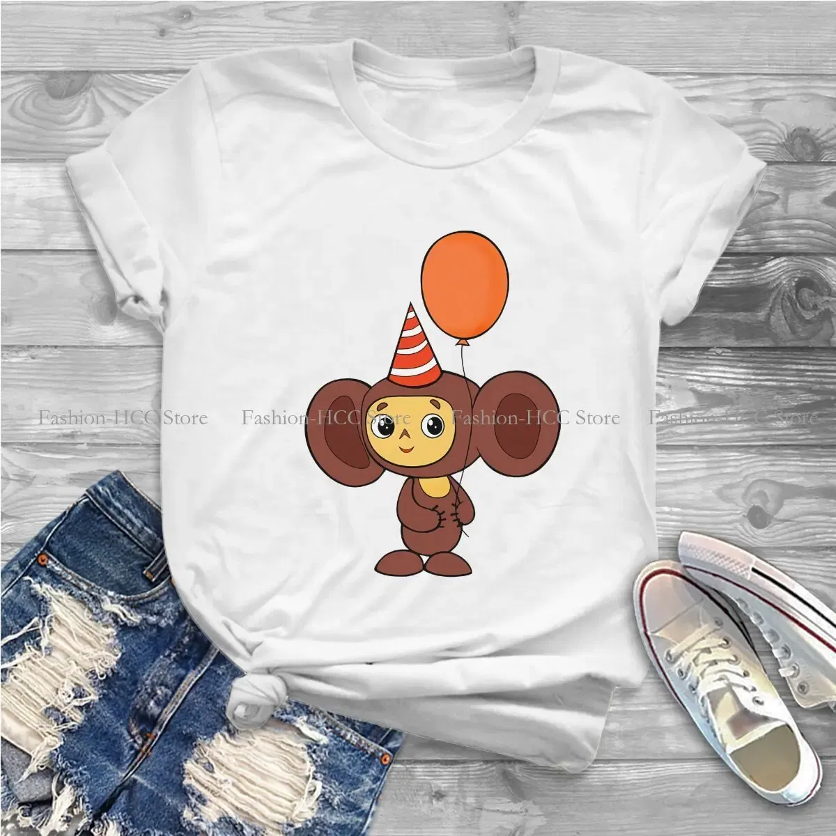 Color: WHITE, Size: L - Cheburashka Che Burashka Gena Russian Cartoon Polyester TShirts Birthday Distinctive Homme T Shirt Hipster Clothing