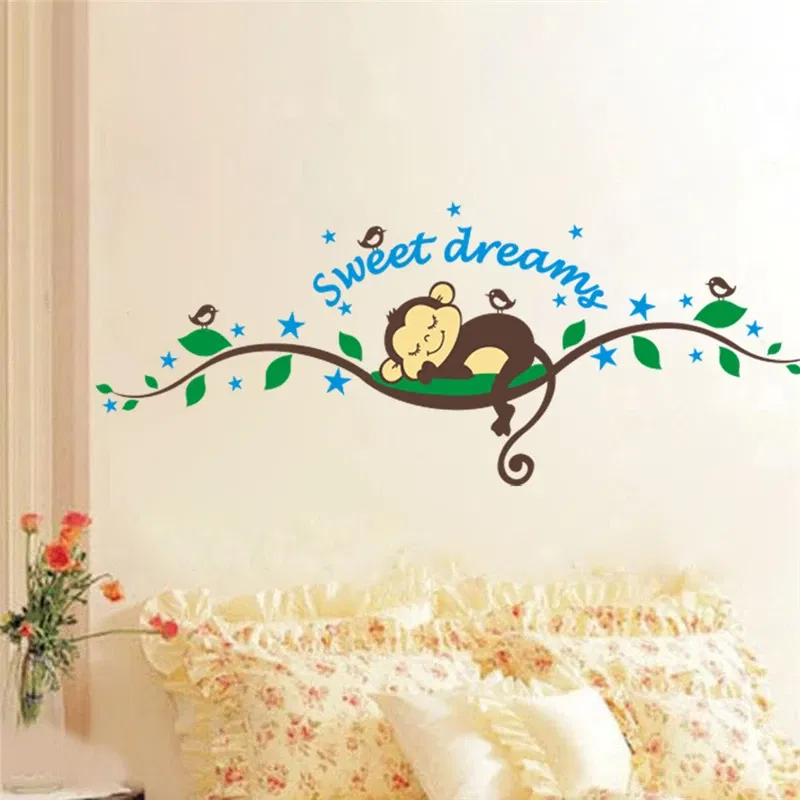 Color: Dark Khaki - Funny Animals Bird Swinging Wall Stickers Kids Room Decoration Diy Cartoon Monkey Giraffe Lion Mural Art Pvc Posters Home Decals