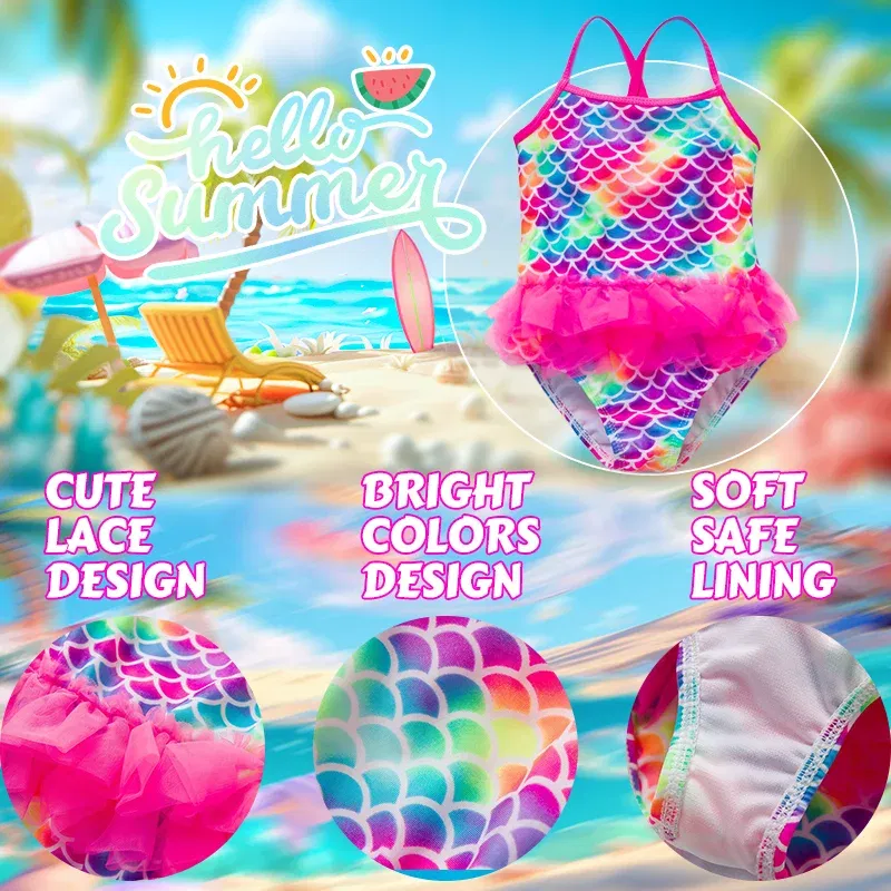 Color: WHITE, Kid Size: 3M - Lilo Stitch Girl Swimsuit Summer One-Piece Swimwear Beachwear Pool Mermaid Fish Scale Print Bikini Bathing Outfit Swimming Wear