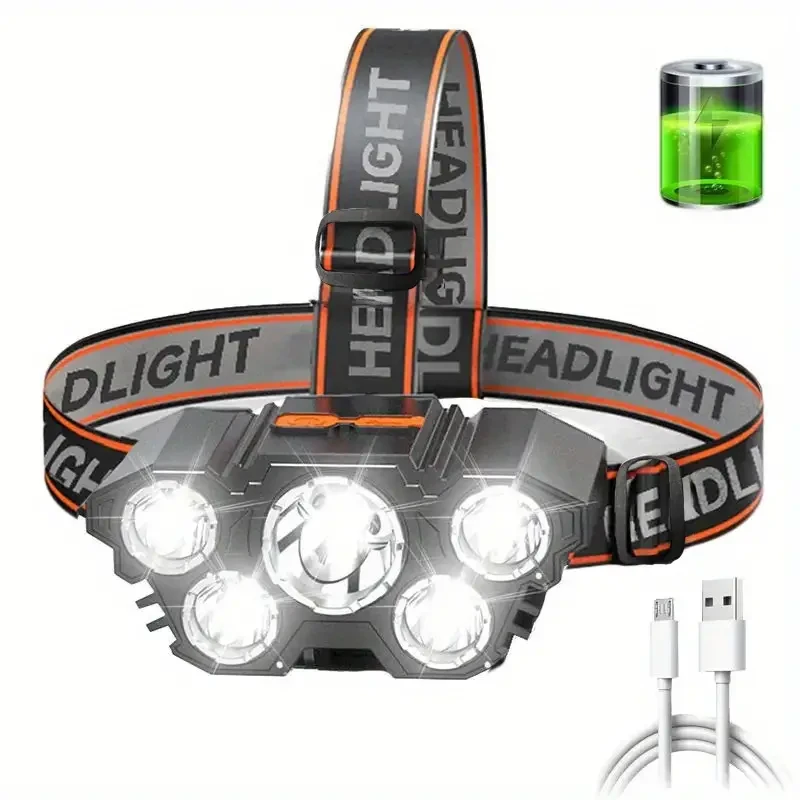 1PC 5 LED Rechargeable Headlamp - Waterproof USB Head Flashlight