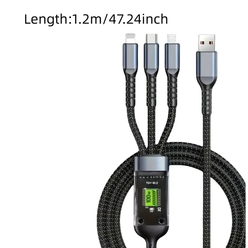 3-in-1 100W USB-C Fast Charging Cable - Multi-Port Micro USB Charging Cord for iPhone, Samsung, Xiaomi POCO