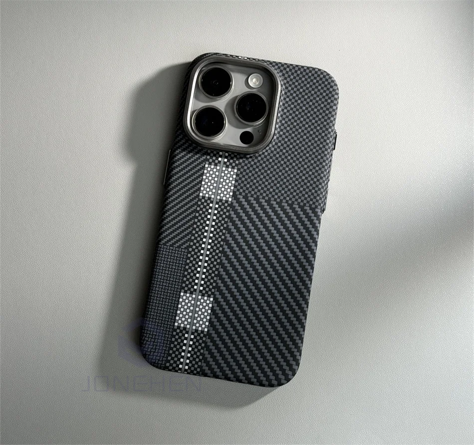 Color: Dark Grey, Material: POLYESTER - Luxury Alloy Lens Personalized Pixel 3D Relief Carbon Fibre Pattern Case For iPhone 13 14 15 16 Pro Max Slim Cover For Magsafe