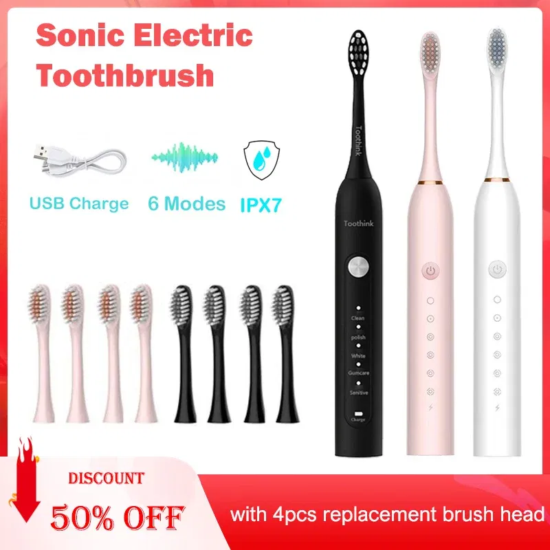 Color: Red - Toothink Electric Toothbrush Smart Timing Tooth Brush Rechargeable Teeth Clean Whitening Sonic Toothbrush With Replacement Head