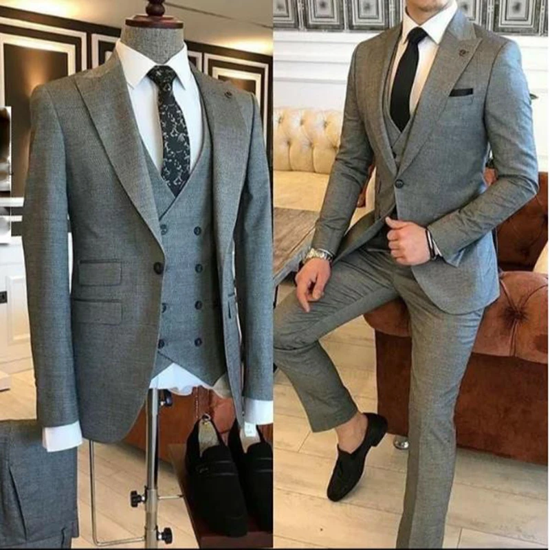 Color: Beige, Size: XS?€old?‰, Ships From: CHINA - Groom Wear 3 Pieces Gray Men Suits 2021 Slim Fit Peak Lapel One Button Tailor Made Terno Masculino (Jacket+Pants+Vest+Tie?‰