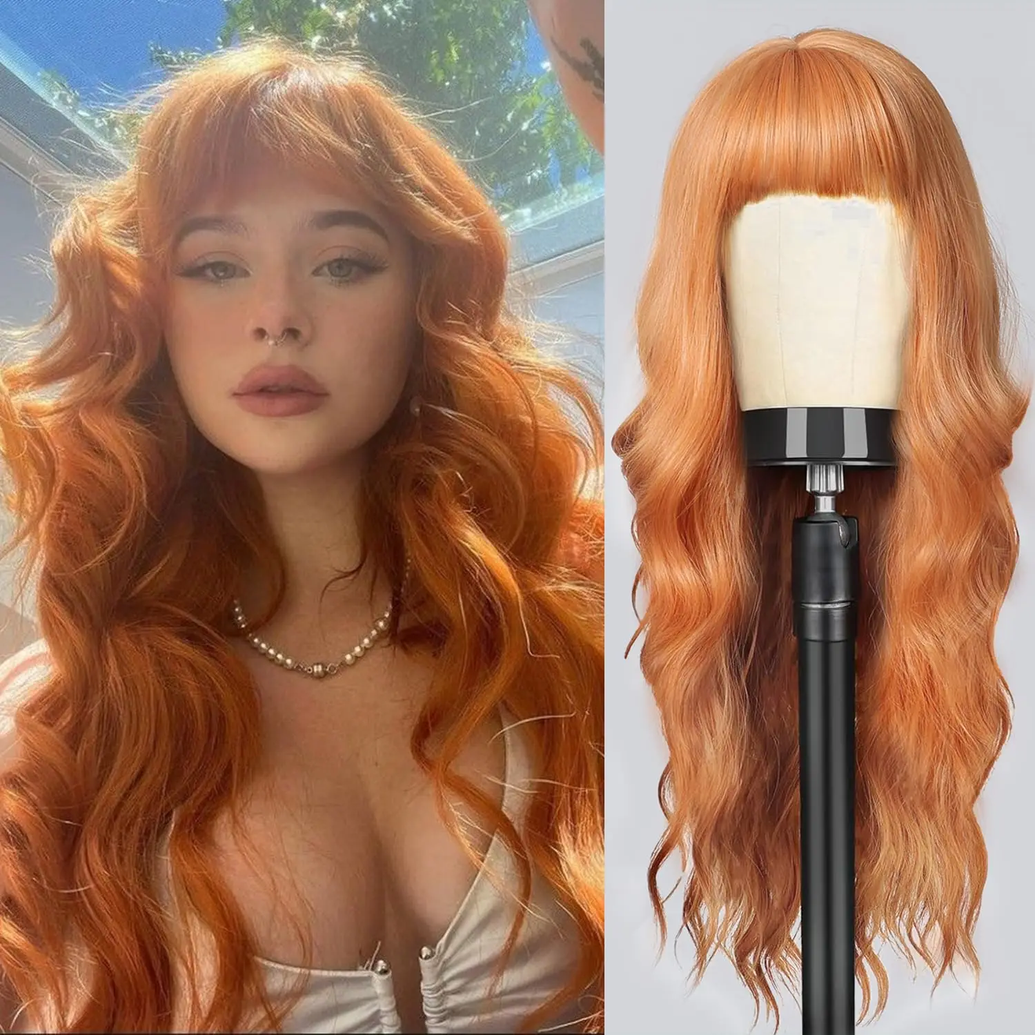 Color: T1B/Burgundy - Orange synthetic wig with big waves for party, Halloween cosplay, daily use wig, high-temperature hair accessory
