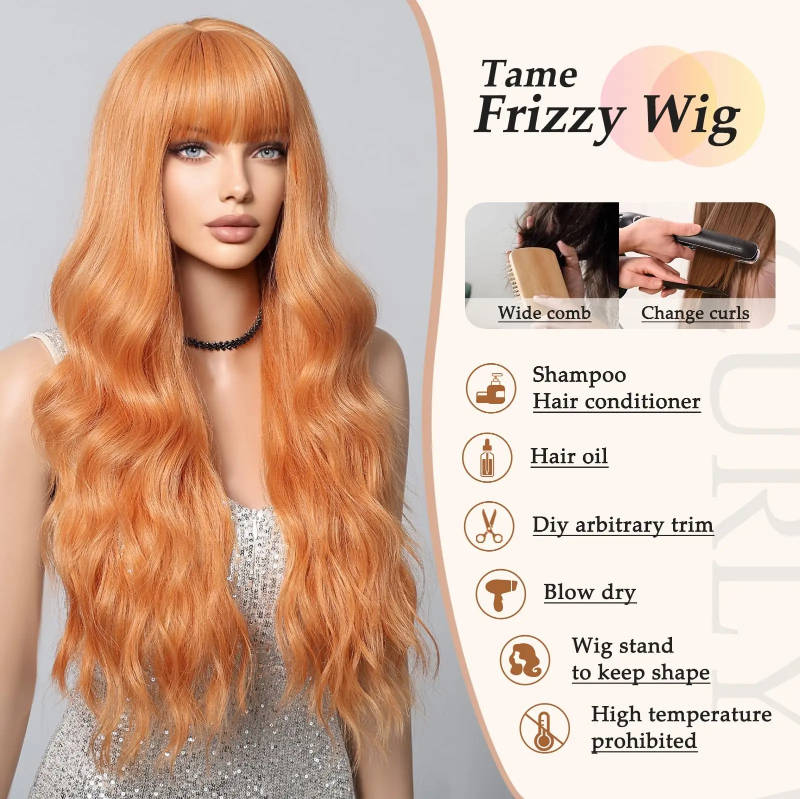 Color: T1B/Burgundy - Orange synthetic wig with big waves for party, Halloween cosplay, daily use wig, high-temperature hair accessory