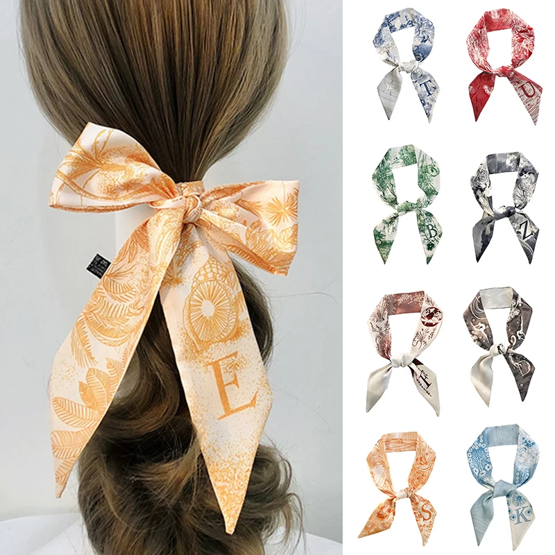 Color: Blue - Sketch Style 26 Letters Temperament Small Scarf Long Silk Scarf Hair Band Narrow Headband Hair Tie Bag Handle Hair Accessories