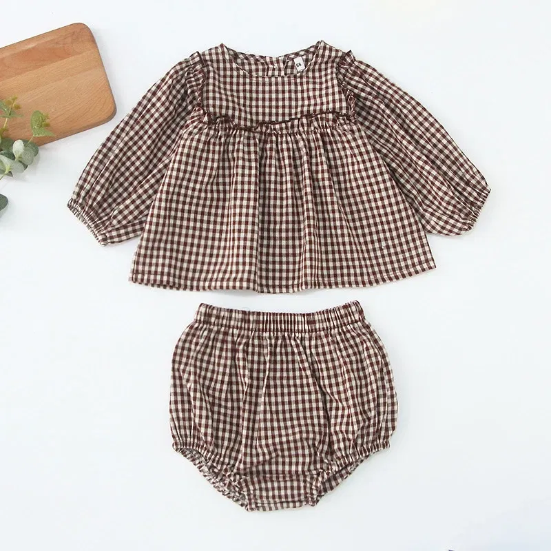 Color: CRIMSON, Kid Size: 24M - Infant Baby Boys Girls Clothes Set Spring Autumn Kids Baby Boys Girls Long Sleeve Grid T-shirt + Shorts 2pcs Toddler Clothes