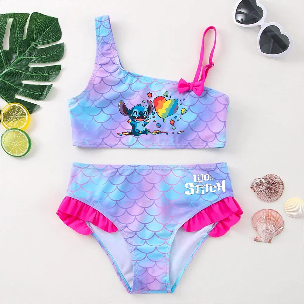 Color: Bright Yellow, Size: XS - Lilo Stitch Girls Swimsuit One-Piece Bathing Suits Children's Dresses Summer Swimwear Beach Suit Kids Wear Fashion Mermaid Fish