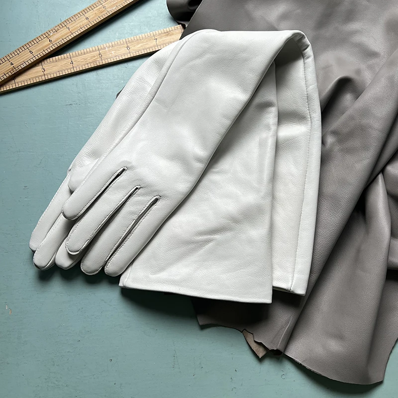 Color: WHITE, Gloves Size: XXXL - 50cm New Genuine Leather White Women's High Grade Party Mittens Sheepskin Lady Winter Velvet long Gloves Creamy Ivory Snow White