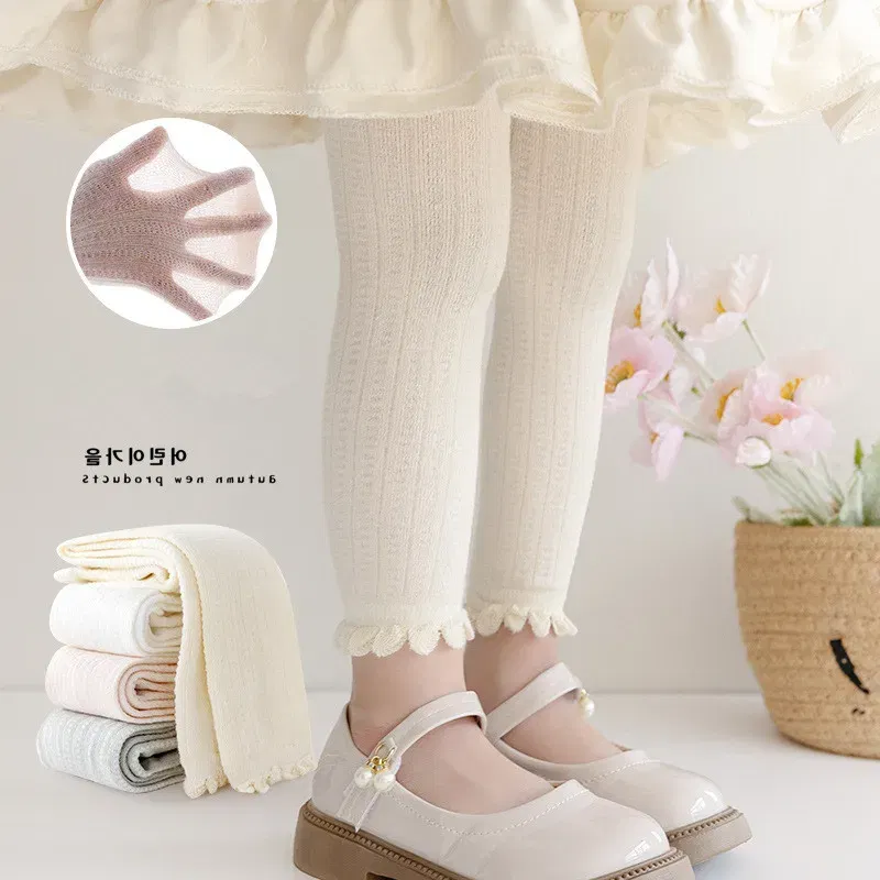 Color: WHITE, Size: 104, Ships From: CHINA - Summer Spring Mesh Baby Girls Stretch Leggings Cotton Solid Ruffle Edge Toddler Kids Pants