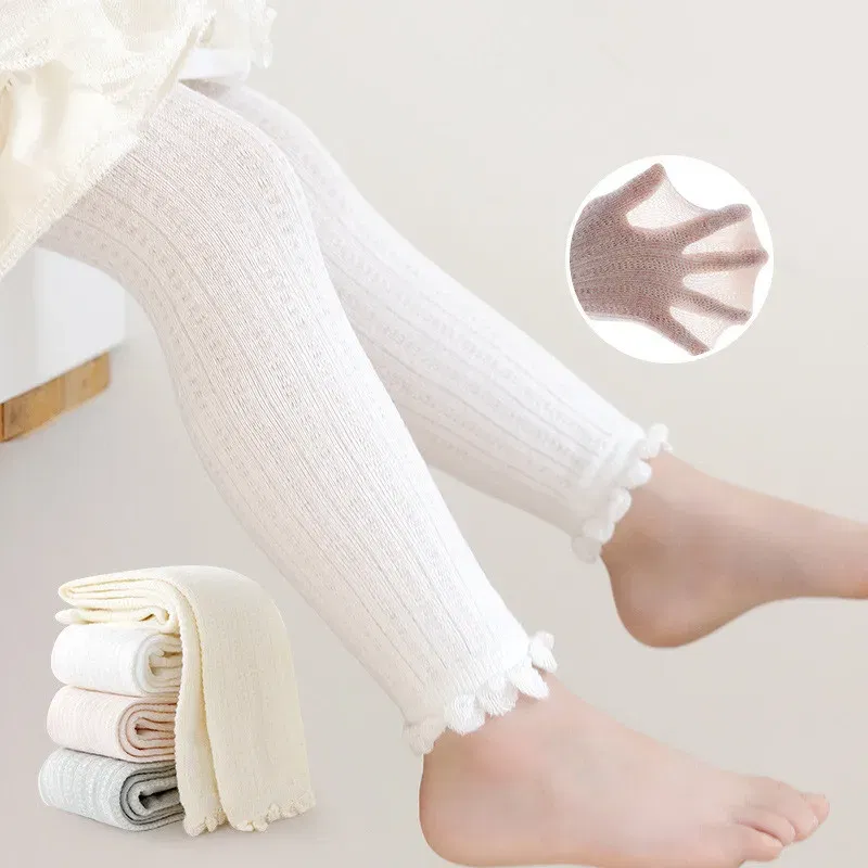 Color: WHITE, Size: 104, Ships From: CHINA - Summer Spring Mesh Baby Girls Stretch Leggings Cotton Solid Ruffle Edge Toddler Kids Pants