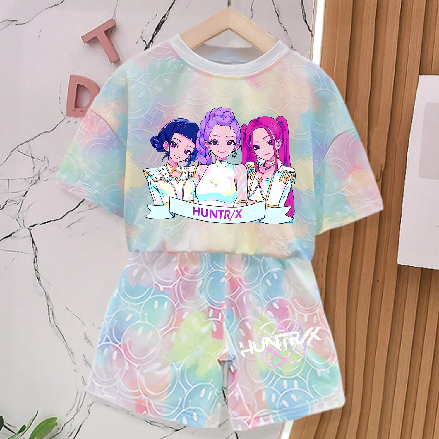 Color: Clear, Size: 12" - KPop Demon Hunters New T-shirt Pants Set Girls Summer Clothing Kawaii Smile Face Short Sleeve Outfits Kids Tee Top Pajamas Gift