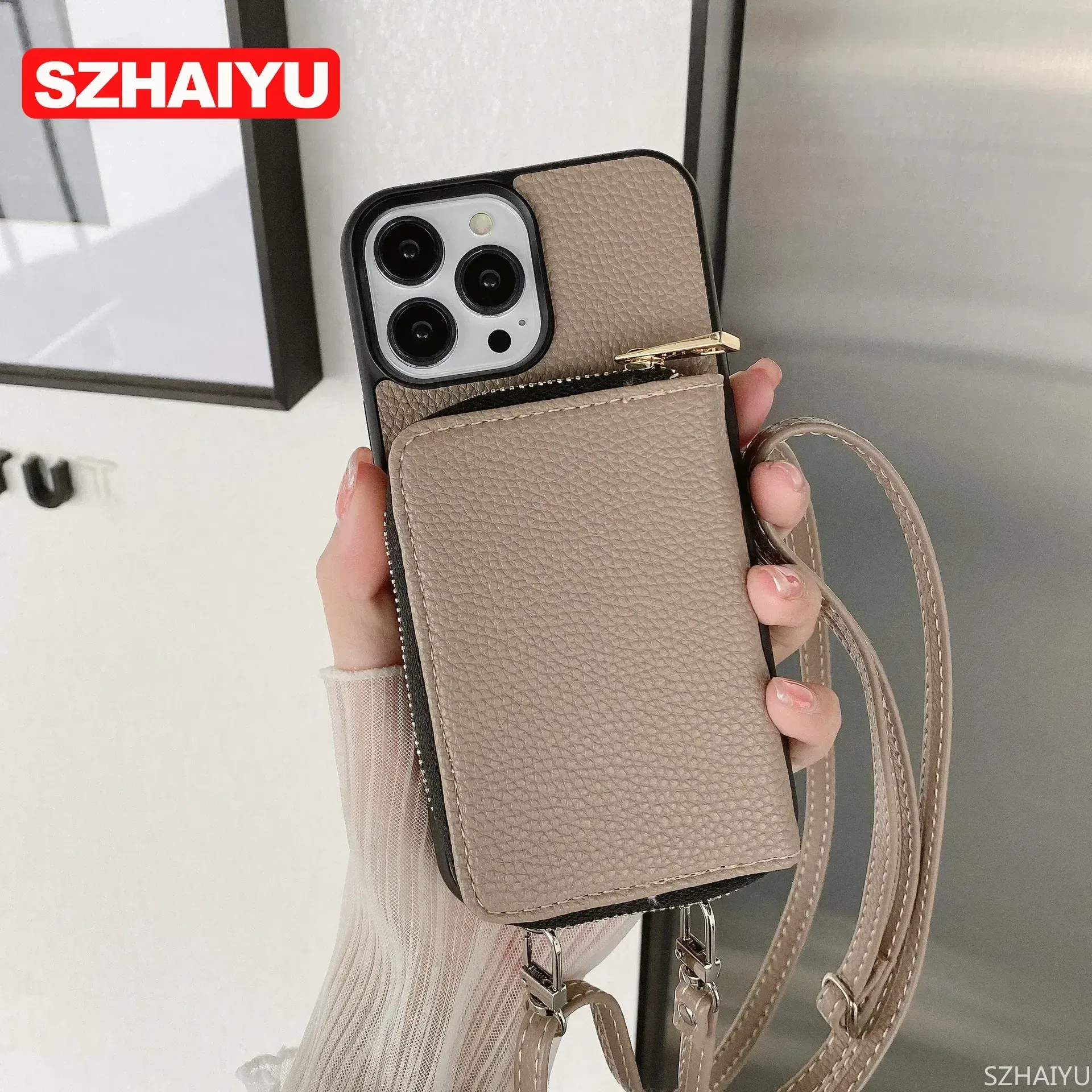Material: Silicon, Color: Brown - Zipper Wallet Phone Case For iPhone 16 15 14 13 12 Mini 11 Pro XS Max X Plus Card Slot Holder Crossbody Lanyard Leather Cover