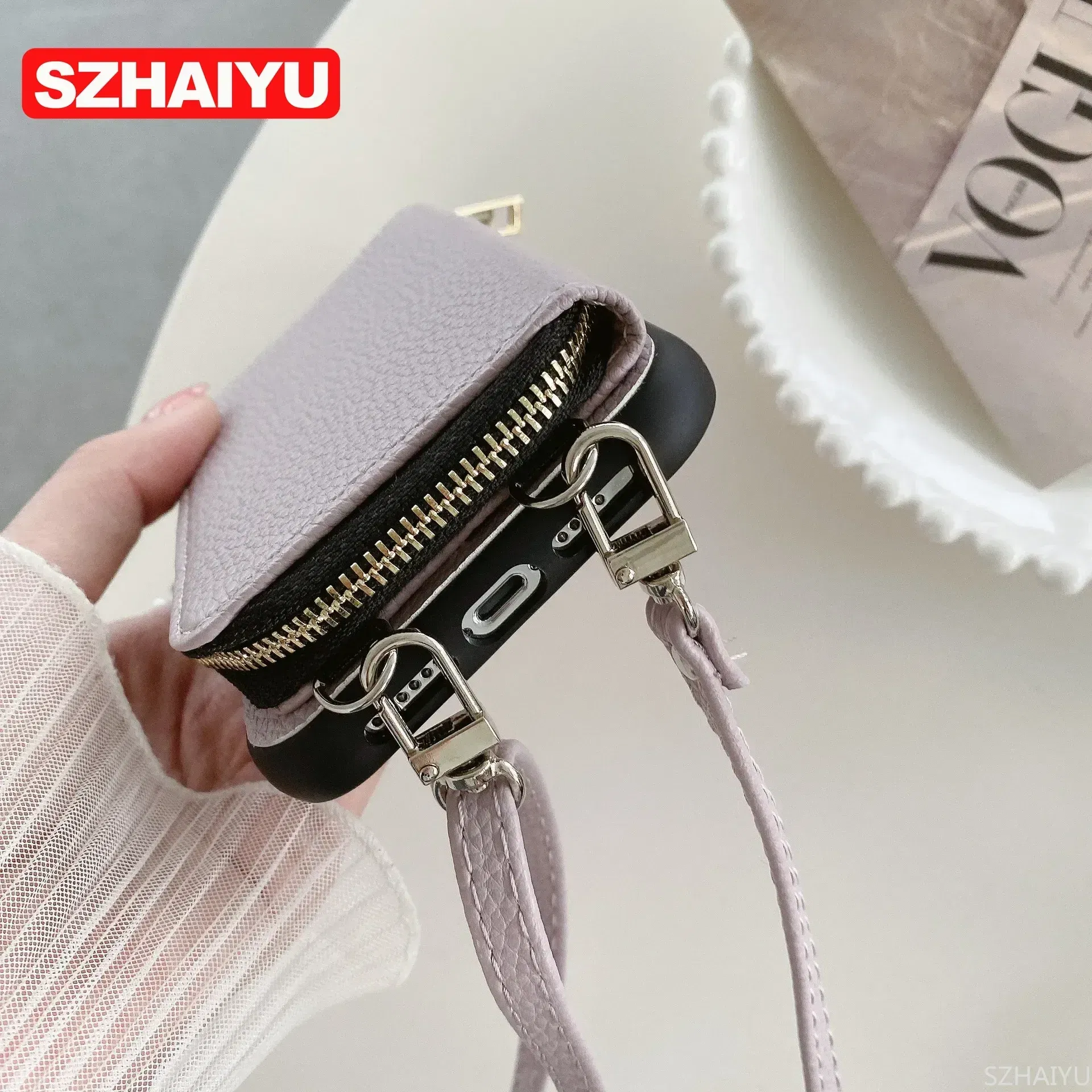 Material: Silicon, Color: Brown - Zipper Wallet Phone Case For iPhone 16 15 14 13 12 Mini 11 Pro XS Max X Plus Card Slot Holder Crossbody Lanyard Leather Cover