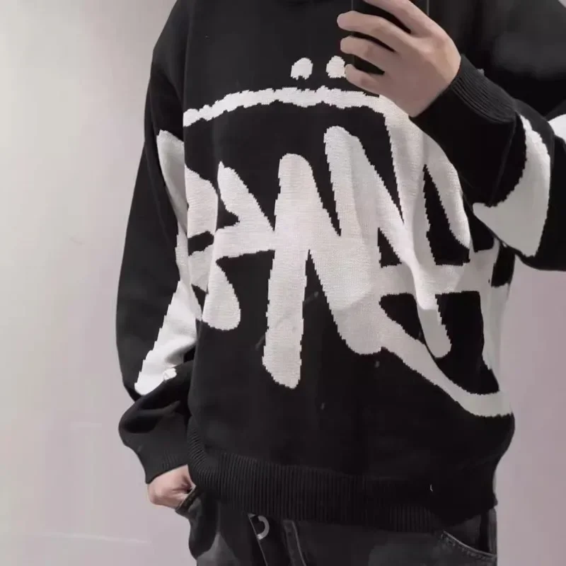 Color: black, Size: One Size - New Winter Women Monogram Jacquard Knitted Crew Neck Sweater Graffiti Pullovers Long Sleeve Jumpers Autumn Women Trendy Clothing